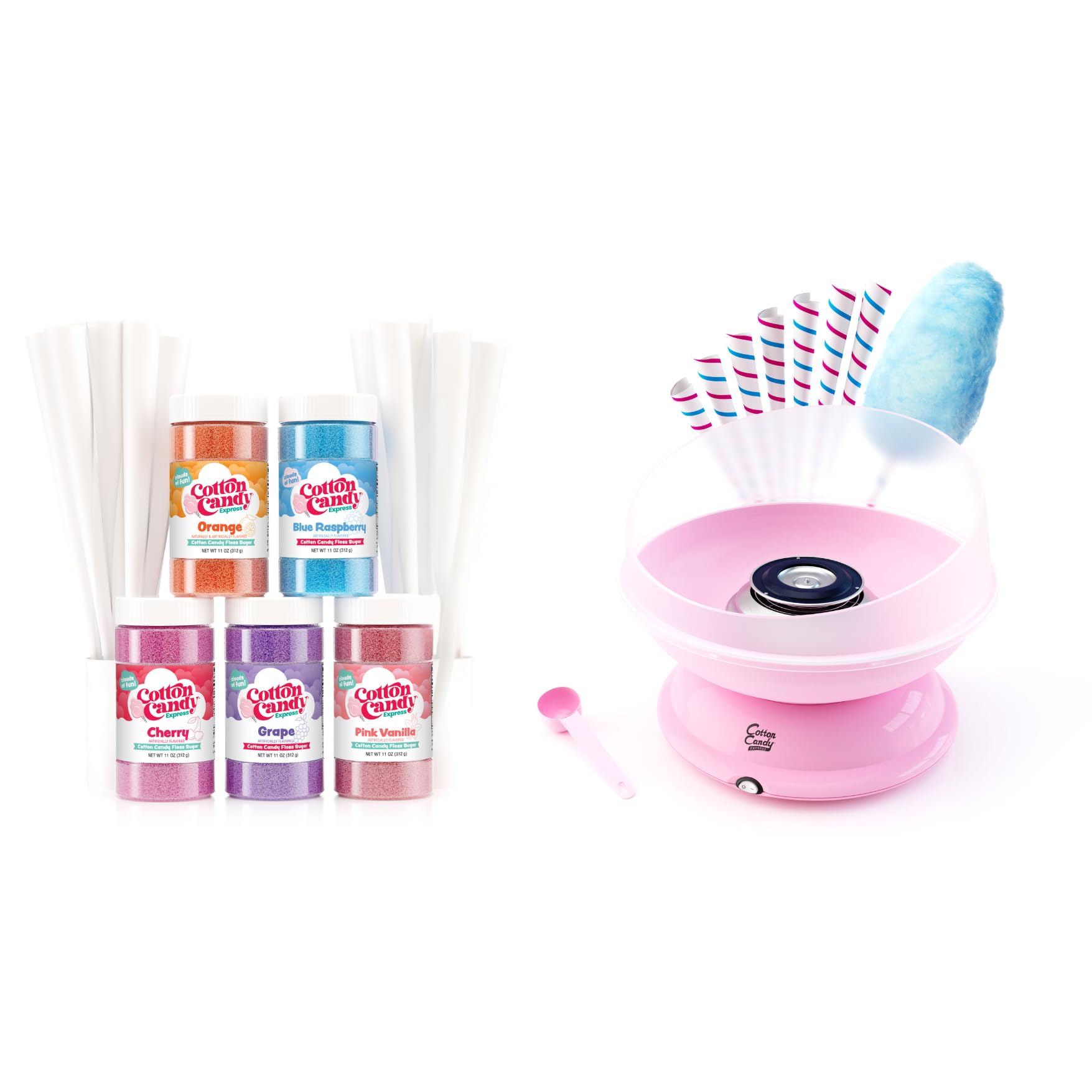 Cotton Candy Express CC1000-S Cotton Candy Machine, with 5-11oz. Jars of Cherry, Grape, Blue Raspberry, Orange, Pink Vanilla Floss Sugar & 50 Paper Cones Easy to Use and Clean