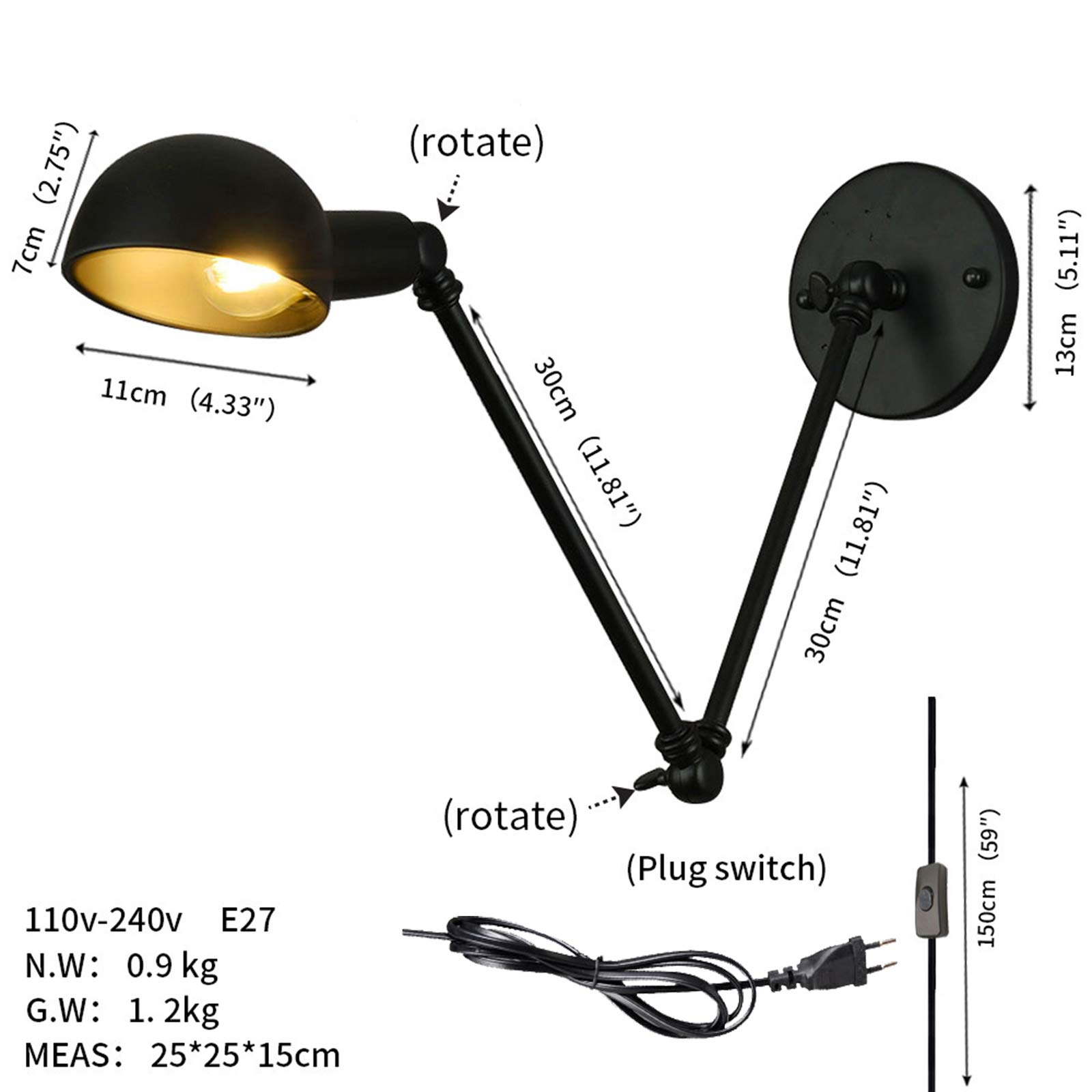 Lámpara de pared vintage de hierro fundido con brazo oscilante y pantalla de vidrio lechoso, iluminación eléctrica de pared con cableado. - México Lámpara de pared vintage de hierro fundido con brazo oscilante y pantalla de vidrio lechoso, iluminación eléctrica de pared con cableado. - México