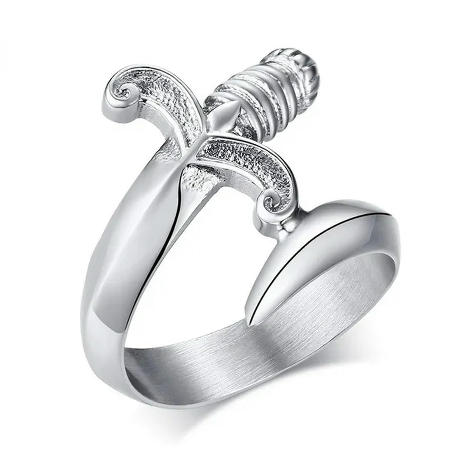 Xjruixi Men's Silver Punk Hip Hop Unique Dagger Ring Color Stainless Steel Curved Sword Ring The League Of Gentle Jewelry