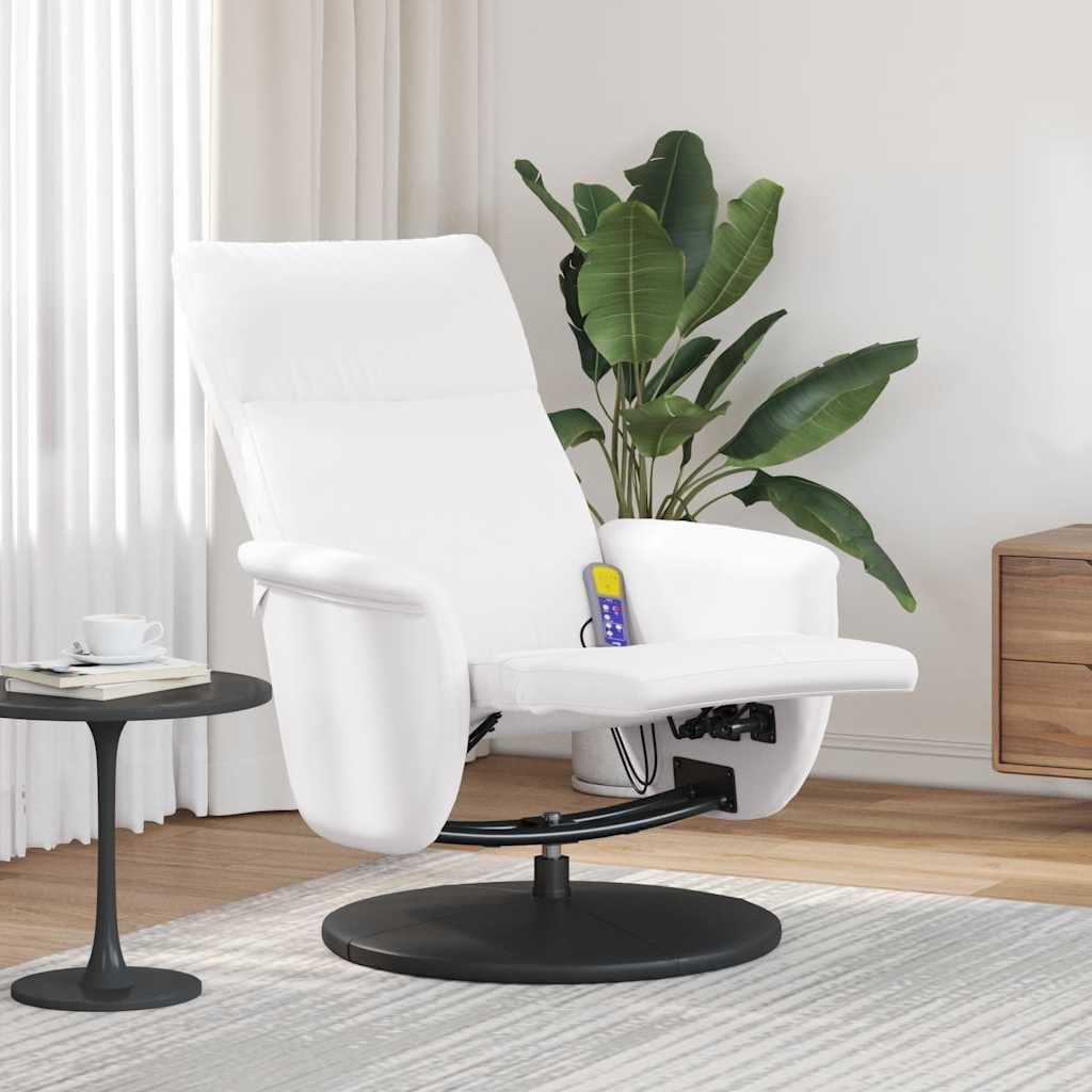 Massagesessel Weiß Kunstleder mit 6-Punkt-Vibrationsmassage, Verstellbarer Rückenlehne und Fußteil, 360 Grad drehbar, für Wohnzimmer, Schlafzimmer, Leseecke