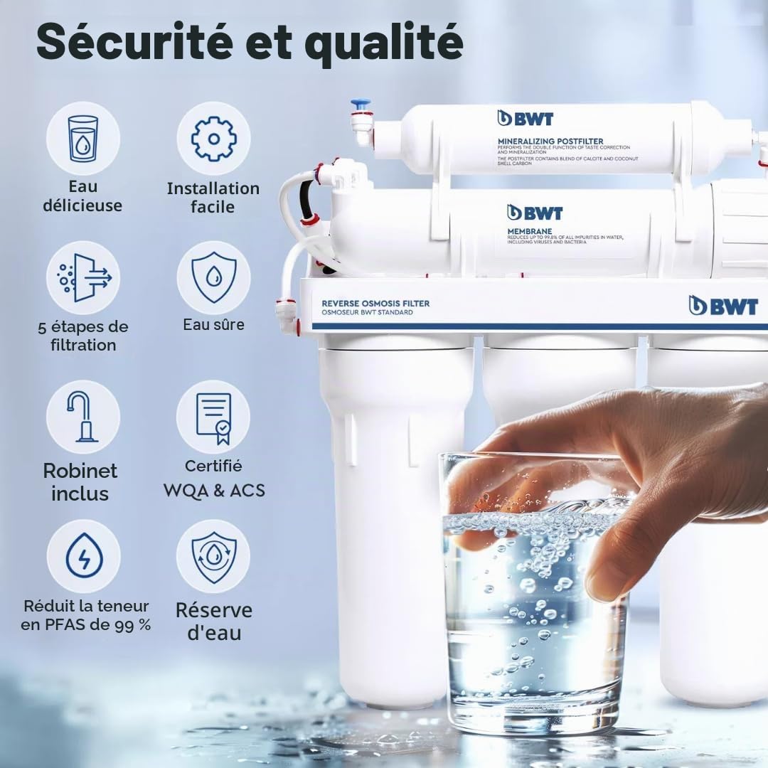 BWT Standard Osmose Inverse Domestique 75 GPD Sans Pompe – Débit de 11,8 L-h – Réservoir de 12 L – 5 étapes avec minéralisation – Taux de récupération de 10-20 purcent – Pression d'entrée de 3-6 bars