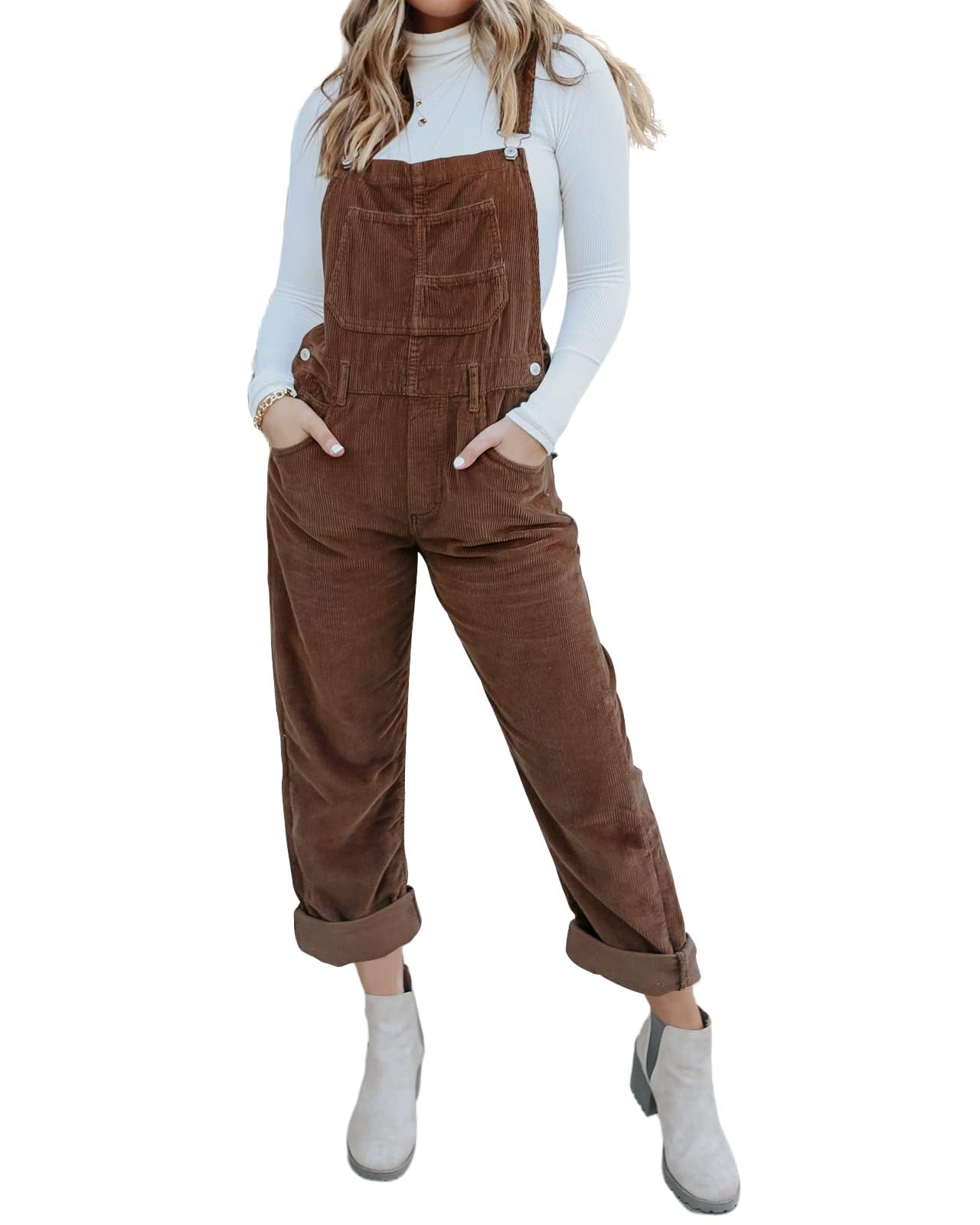 Onedreamer Damen Cord-Overall mit verstellbaren Trägern Baggy Bib Jumpsuit Casual mit Taschen