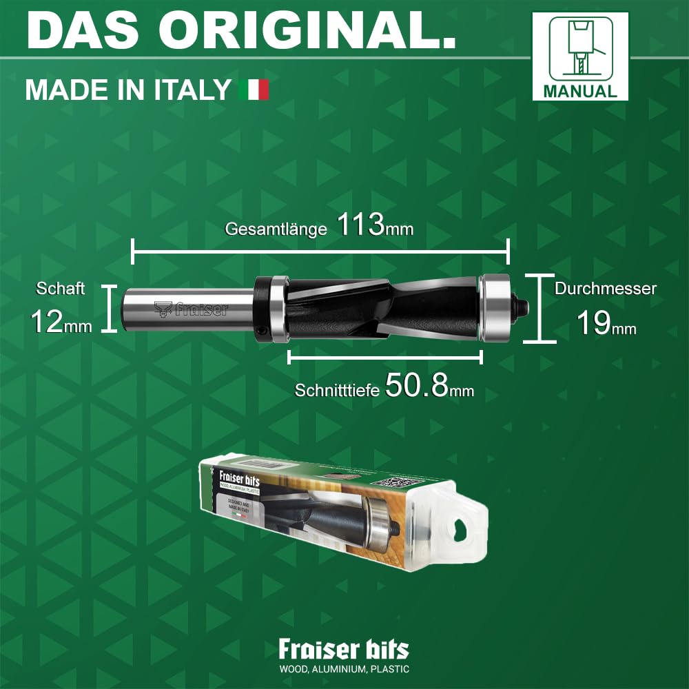 Fraiser Bündigfräser Besäumfräser mit 12 mm Oberlager für Holz, Derivate- und Laminatkanten für Handoberfräse und Oberfrästisch Up & Downcut