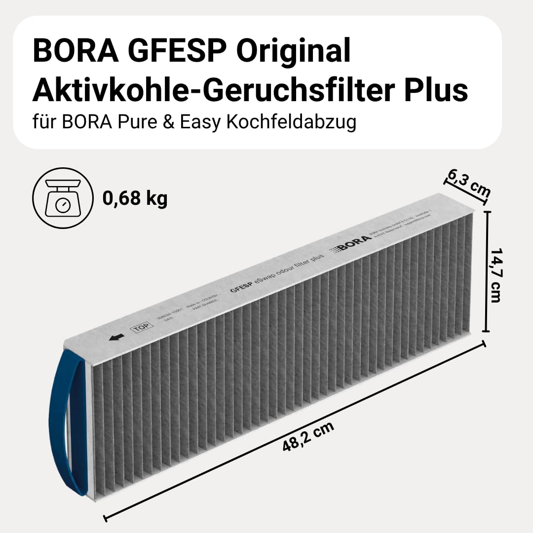 BORA GFESP oryginalny filtr zapachów z węglem aktywnym, do BORA Pure & Easy do wyciągu z płyty kuchennej, filtr zamienny, filtr obiegowy, redukcja zapachu, wymiana filtra bez użycia narzędzi, czas