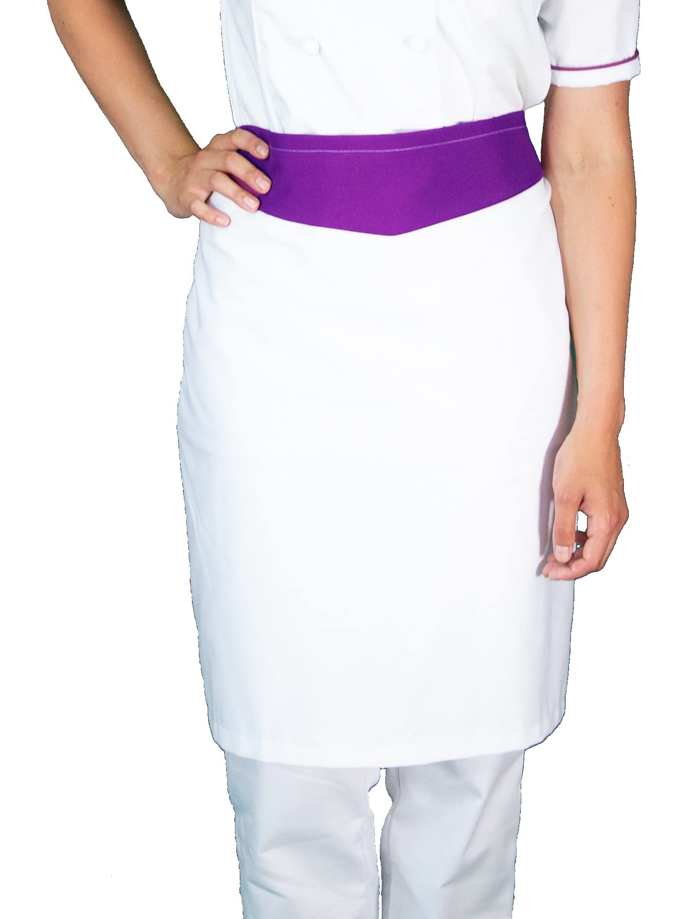 Ricamo Gratuito - Completo Cuoco Donna Bianco e Viola - Divisa Chef Personalizzabile - Giacca, Pantaloni e Grembiule - Uniforme per Cucina e Ristorante - Made in Italy