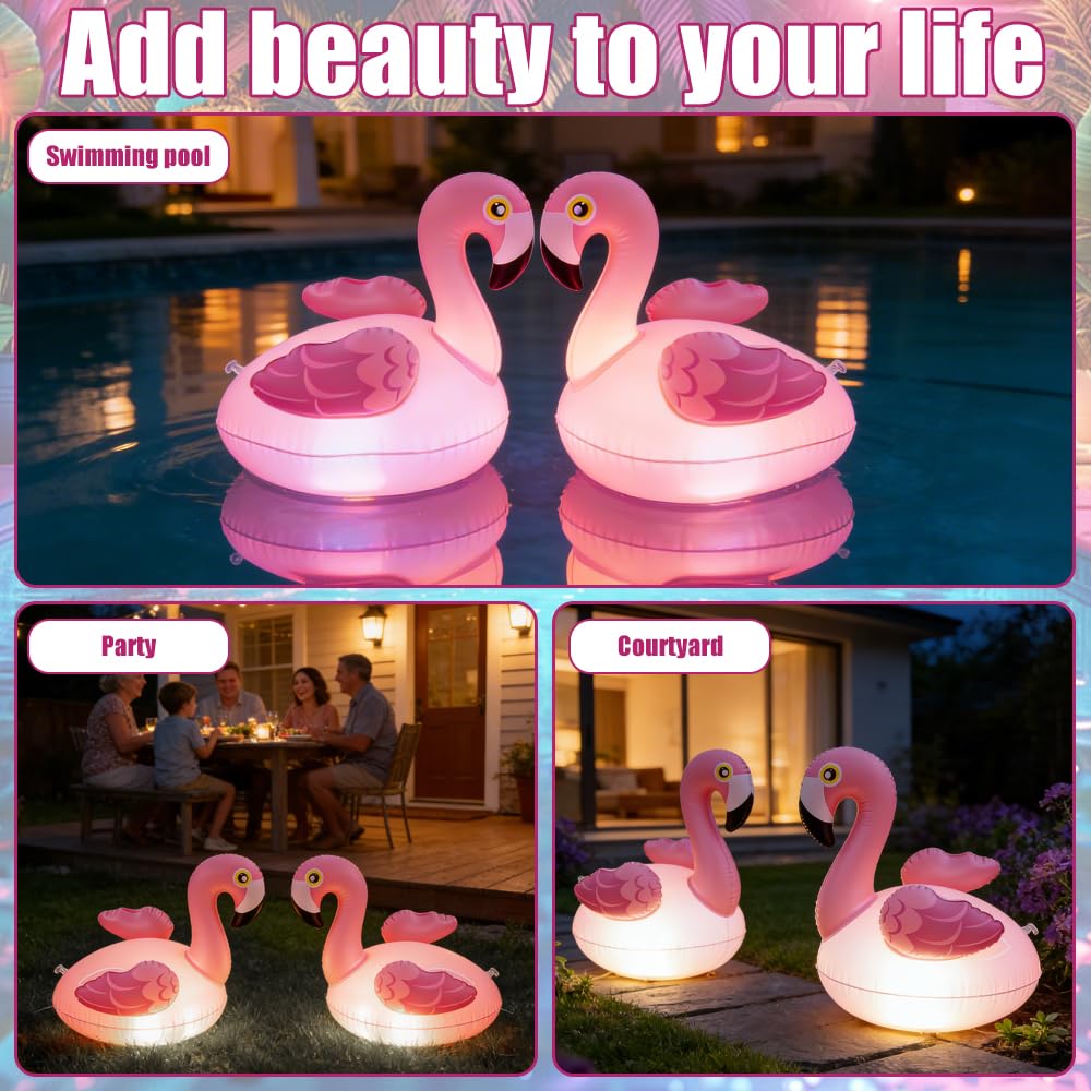 Mineup Flamingo Pool Lichter Schwimmend, 2 Stück Solar Poolbeleuchtung Schwimmend, Aufblasbare Flamingo Schwimmende, IP68 wasserdichte Solarlichter für Garten, Schwimmbad, Strand, Rasen