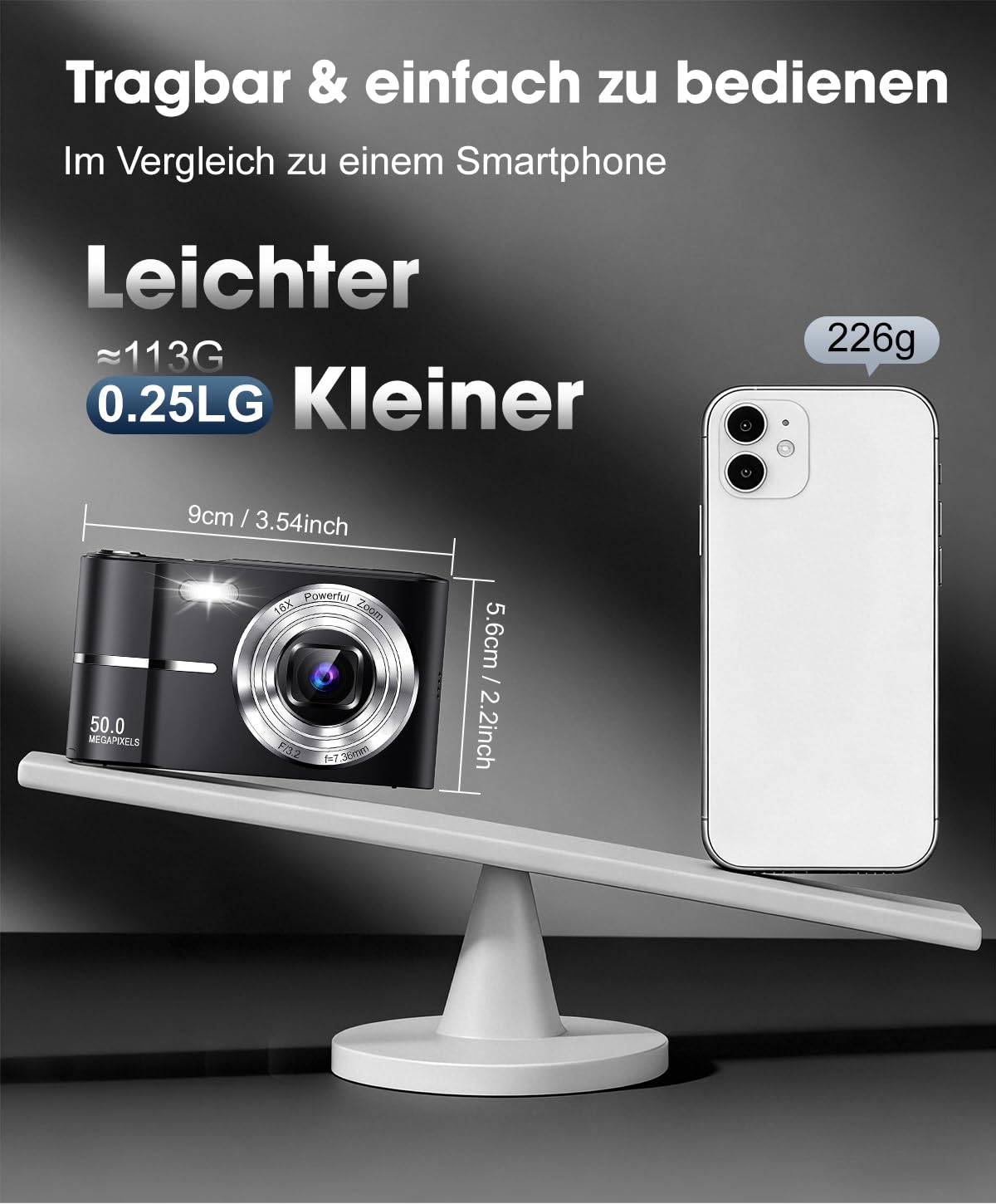 Fotocamera digitale 1080P per fotografia, messa a fuoco automatica, 50 MP, fotocamera vlogging con anti-shake, zoom compatto 16X e punto di scatto, fotocamera digitale per adolescenti, adulti