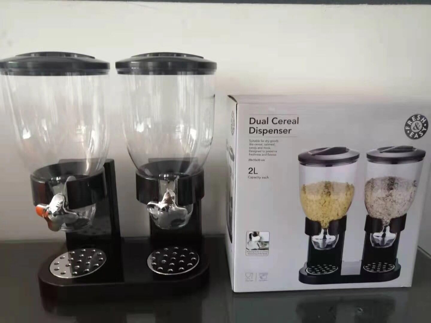 Dispensador de alimentos secos para encimera, recipiente dispensador de cereales doble con capacidad de 2 litros cada uno, para arroz, granos, nueces, aperitivos, avena, comida para mascotas
