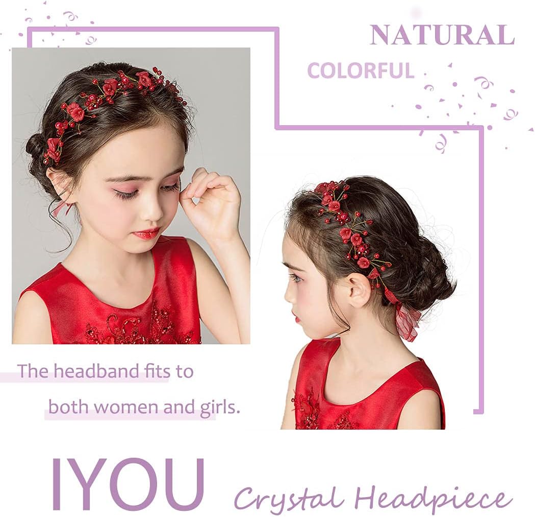 IYOU Princess Red Flower Headpiece Pearl Hair Dress Crystal Bridal Wedding Hair Accessories for Flower Girls - Image 4