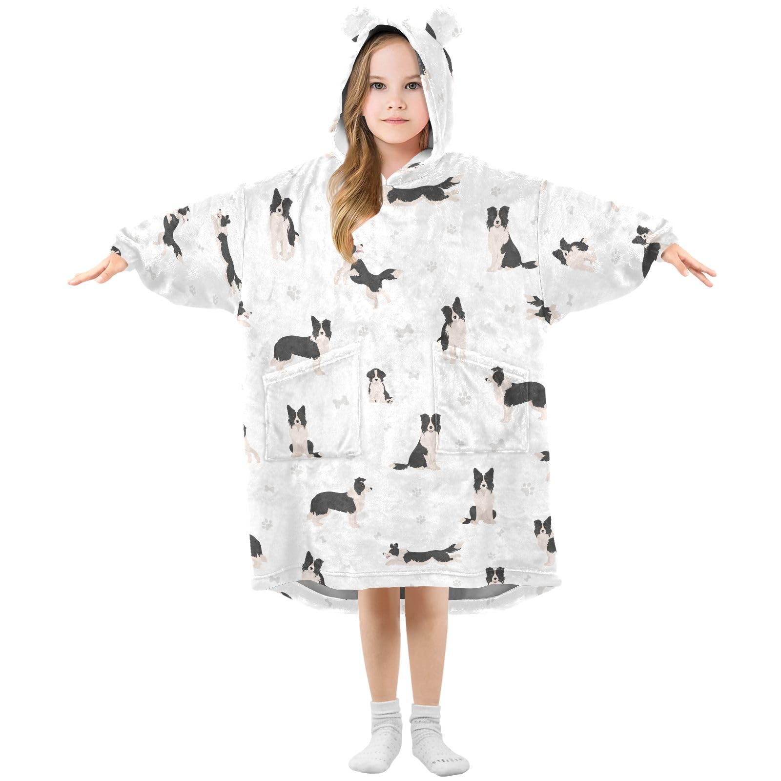 Sletend Wearable Blanket Hoodie Border Collie Dog Hoodie Blankets Sweatshirt for Girls Boy Super Soft Warm Cozy Oversized Blanket Hoodie with Pocket,Large