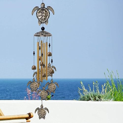 Miniatura 7 de Campanillas de viento de tortuga marina para jardín, decoración al aire libre, con 4 tubos, 6 campanas, 7 tortugas, captador de viento romántico,