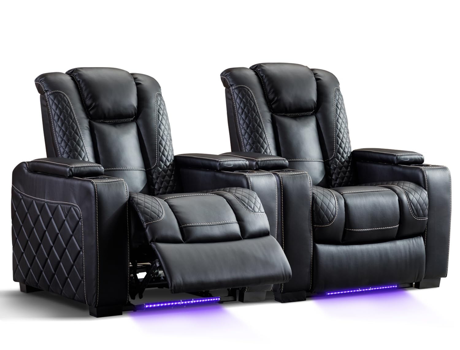 CANMOV Home Theater Seating Set of 2, Faux Leather Electric Power Recliner Chair with Ambient Lighting, Power Headrest, Lumbar Support, Cup Holders, Hidden Arm Storage, USB Ports, Black