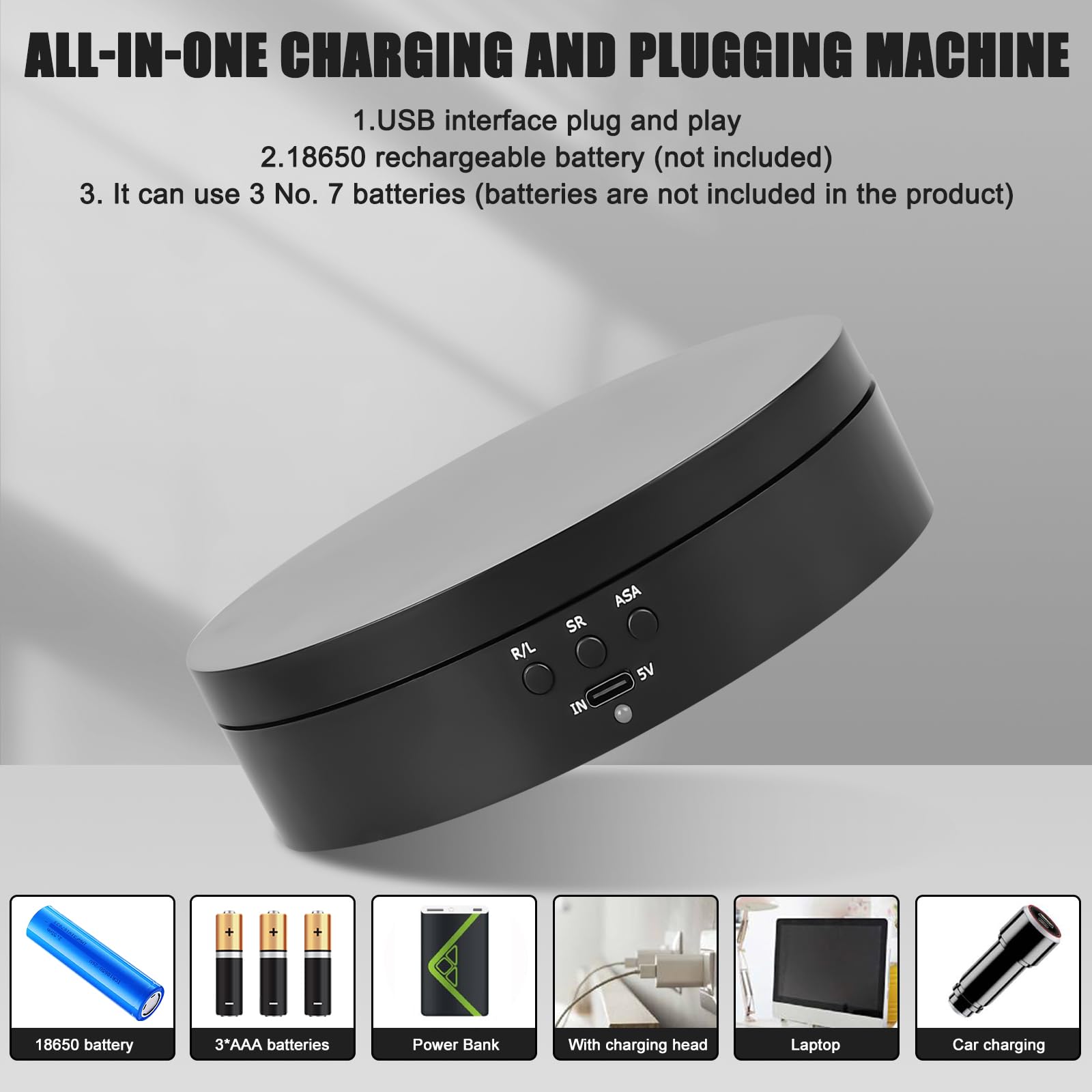 Elettrico: supporto per display girevole da 13,8 cm per fotografia, piattaforma di rotazione automatica a 360°, 3 velocità, ricarica USB