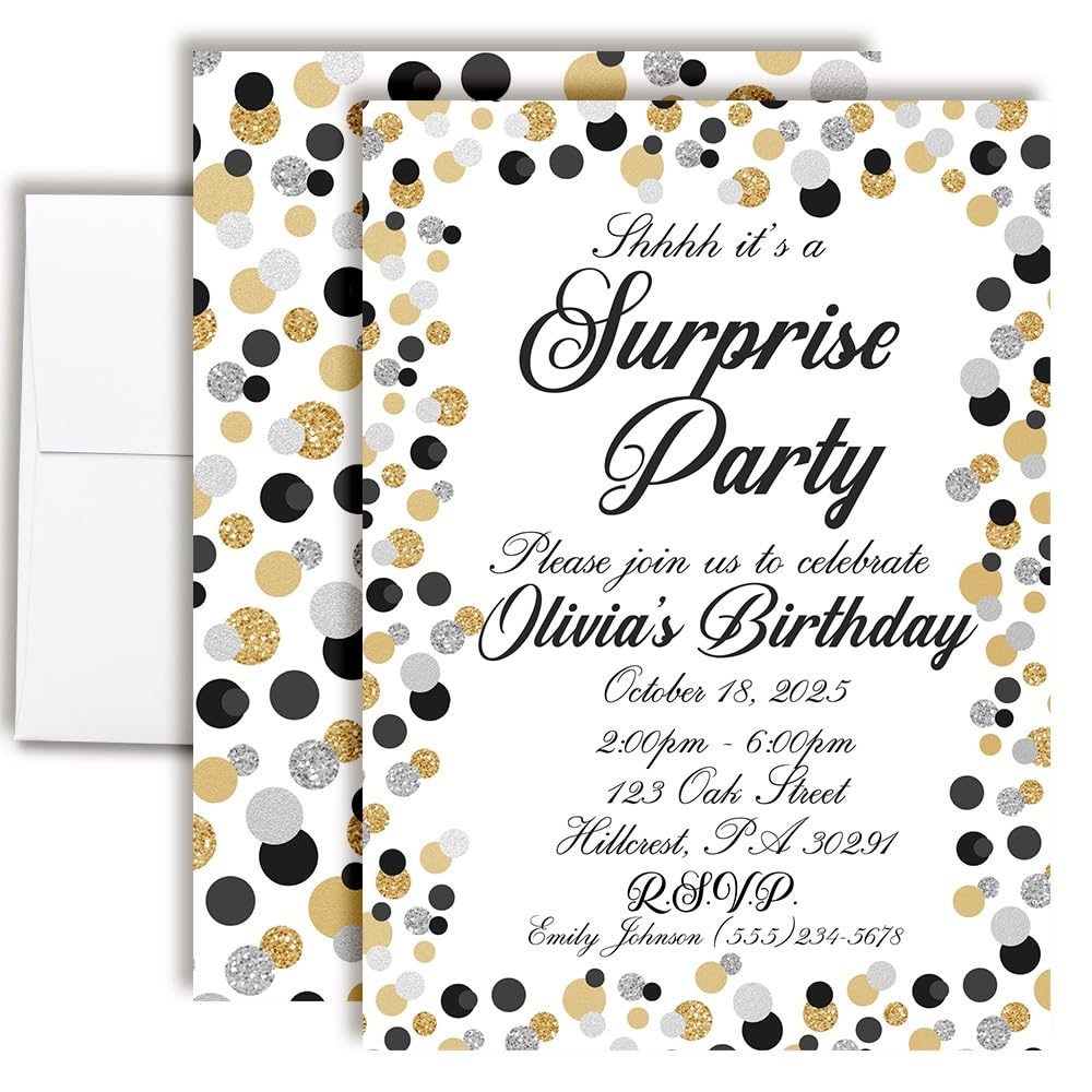 Custom Birthday Invitations Gold & Black Surprise Birthday Invites for Kids Pack of 20 5x7 Custom Black, Gold & Silver Confetti Invitation Cards With Twenty Envelopes - Unique Polka Dot Party Invites