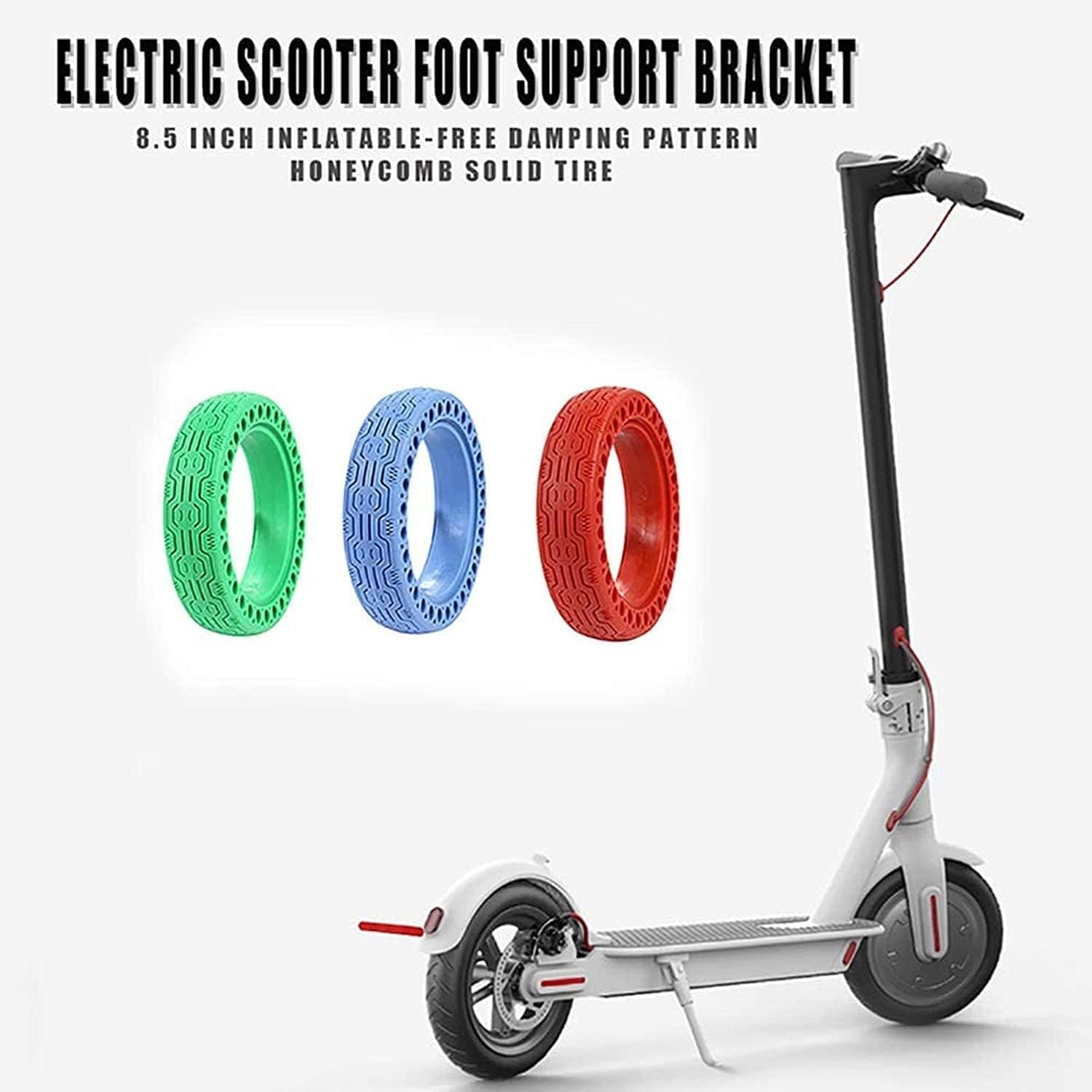 Three solid scooter tires in green, blue, and red with an electric scooter