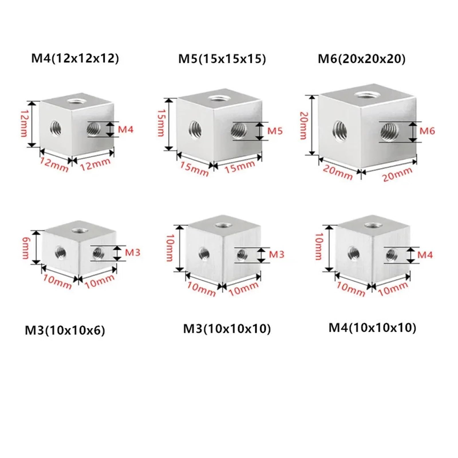 6 Lati M3 M4 M5 M6 Fori For Viti Dado Blocco Lega Di Alluminio Bloccaggio Collegamento Quadrato Staffa Fissaggio Piastra Filettata Cubo(Silver,4pcs-M6(20x20x20))