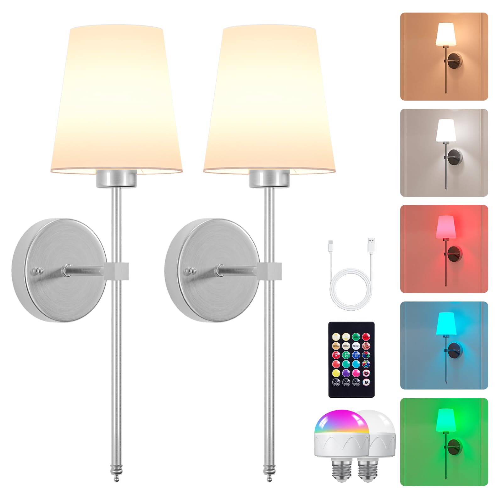 Sobrovo Lámpara de pared con batería LED, funciona con pilas, recargable por USB, RGB regulable, iluminación de pared interior con mando a distancia para, dormitorio, pasillo y escalera, níquel