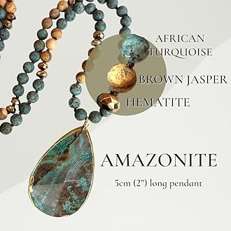 BALOOLA Long Genuine Stone beads and Pendant Necklace for Woman. Hand Knotted natural stone beads with big non-precious stone statement necklace. HANDMADE Boho Jewelry for women.