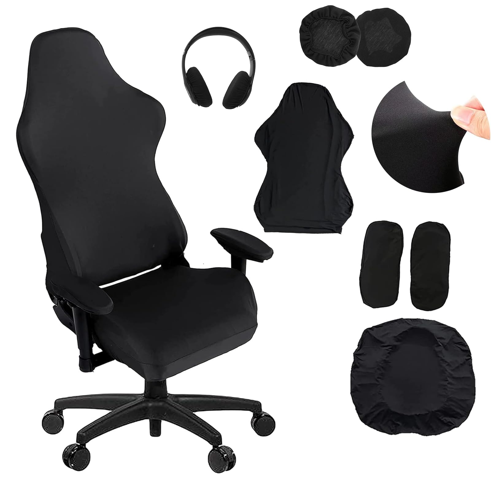 Funda para silla de videojuegos, 6 unidades, con cubierta para auriculares, con reposabrazos, extensible, extraíble, lavable, para silla de ordenador, silla giratoria, sillón (negro)
