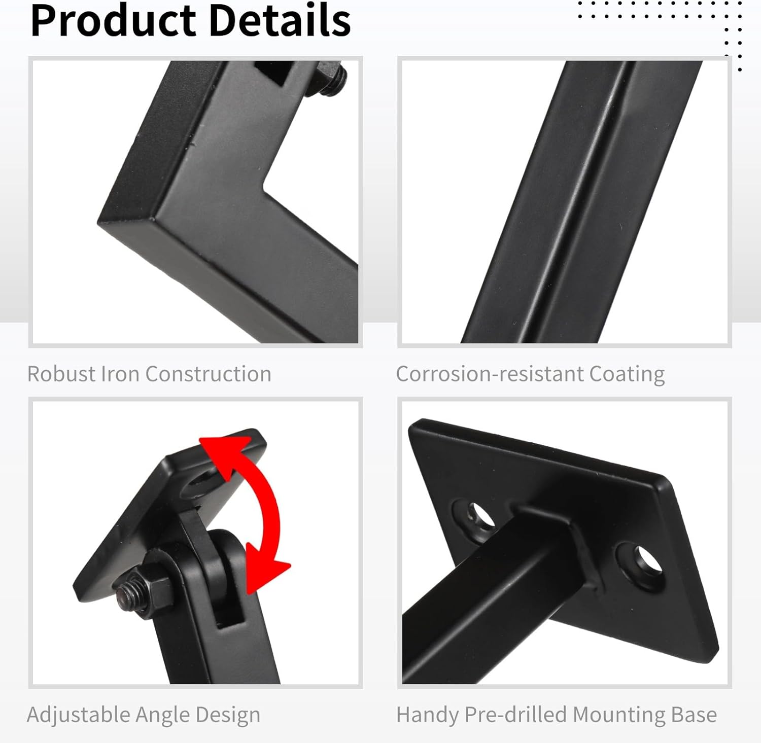 4 Railing Brackets, Adjustable Handrail Brackets, Stair Brackets, Heavy-Duty, Black Finish