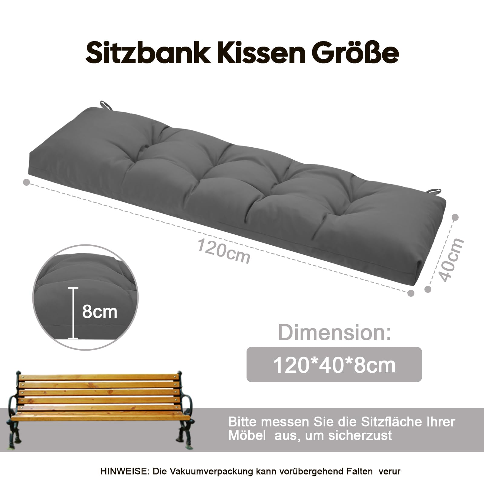 Bankauflage Outdoor, Bankkissen Wasserdicht mit Schaumstoff Gefüllt, Bindebänder und Mehrfach-Steppung, Gartenbank Auflage für Gartenmöbel, Sitzbank und Hollywoodschaukel, 120x40cm, Grau