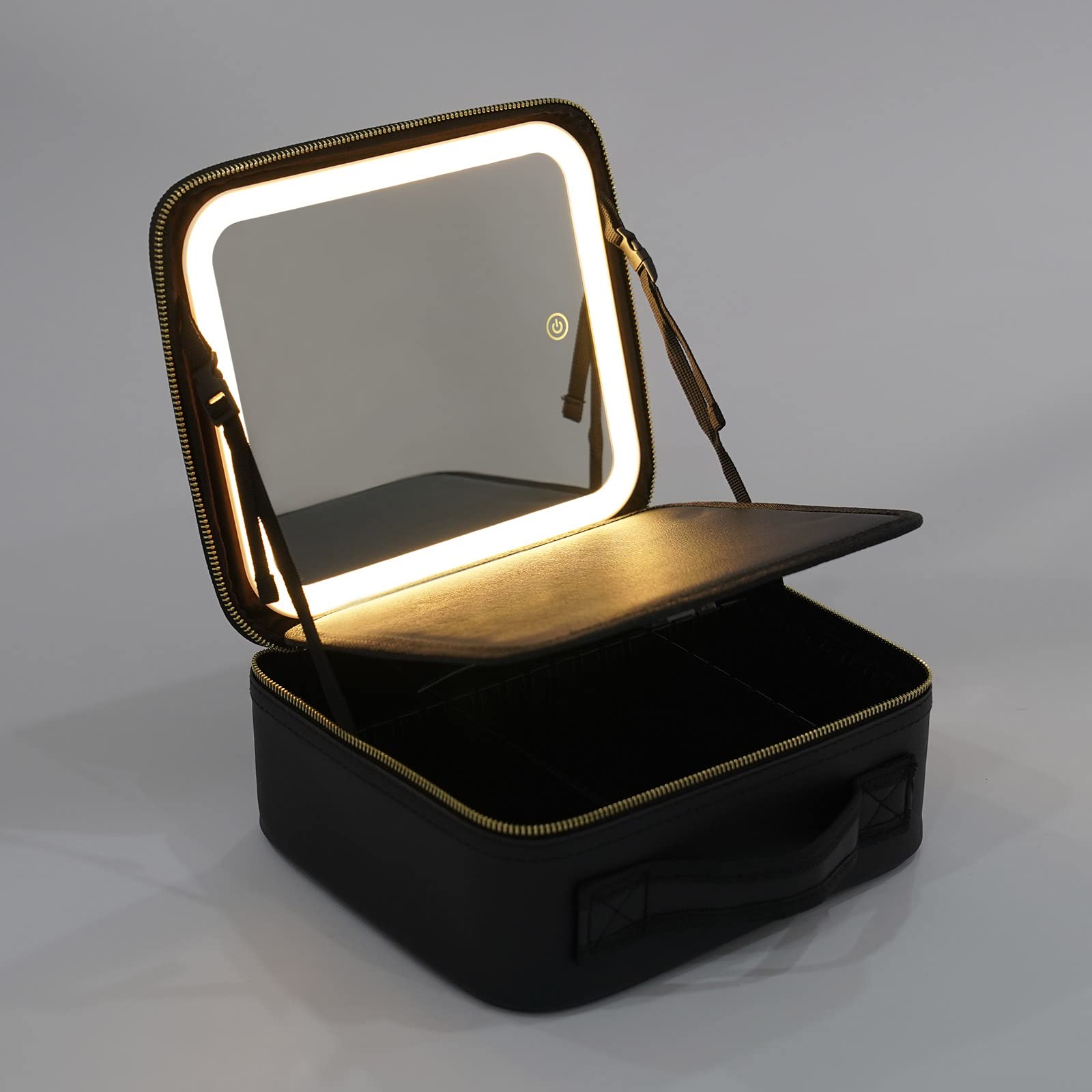 Reisekosmetiktasche mit beleuchtetem Spiegel, Tragbar Kosmetiktasche mit 3 Farbmodi dimmbaren Lichtspiegel, PU Make up Organizer Tasche (Schwarz)