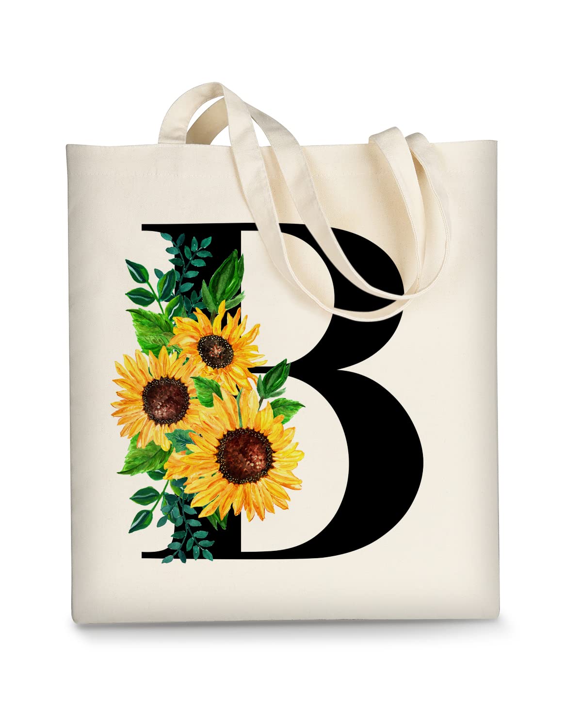 AUSVKAI Canvas Tote Bag Aesthetic for Women, Cute Sunflower Initial Trendy Monogram Personalized Initial Birthday Reusable Cloth Cotton Bags with