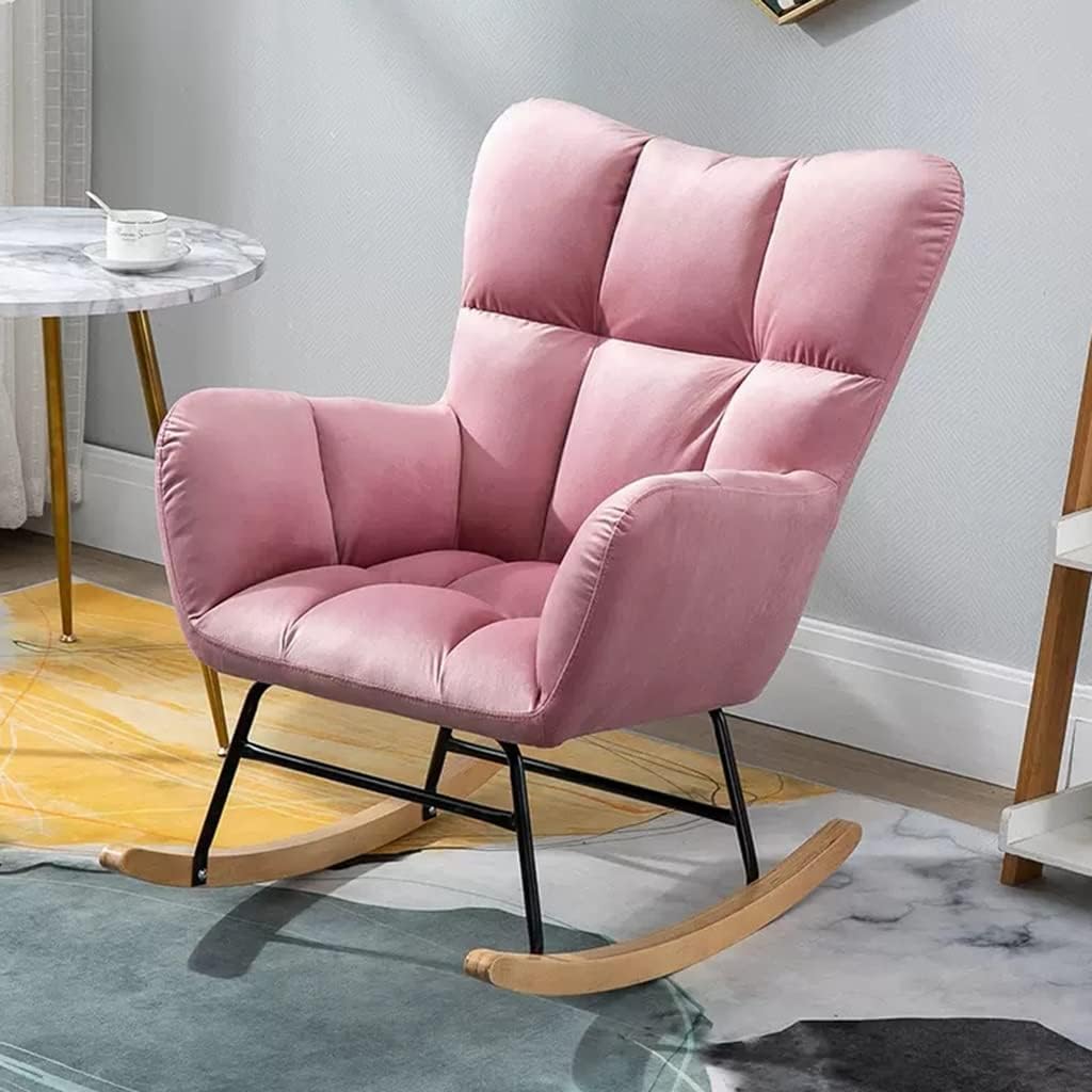 Nursery Rocking Chair Upholstered Glider Rocker Rocking Accent Chair Padded Seat with High Backrest Armchair Comfy Side Chair for Living Room Bedroom Offices,Pink,Size