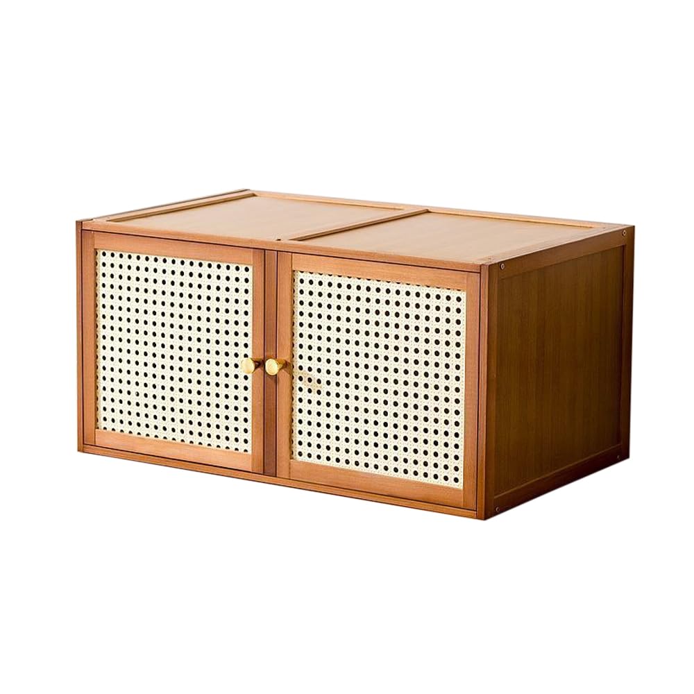 Laneryin Stackable Bamboo Cabinet, Storage Cabinet with Imitation Vine Flip-Up Door, Multipurpose Storage Organiser, Display Box for Bedroom Living Room Corridor Closet Office (Brown, 60x37x30cm)