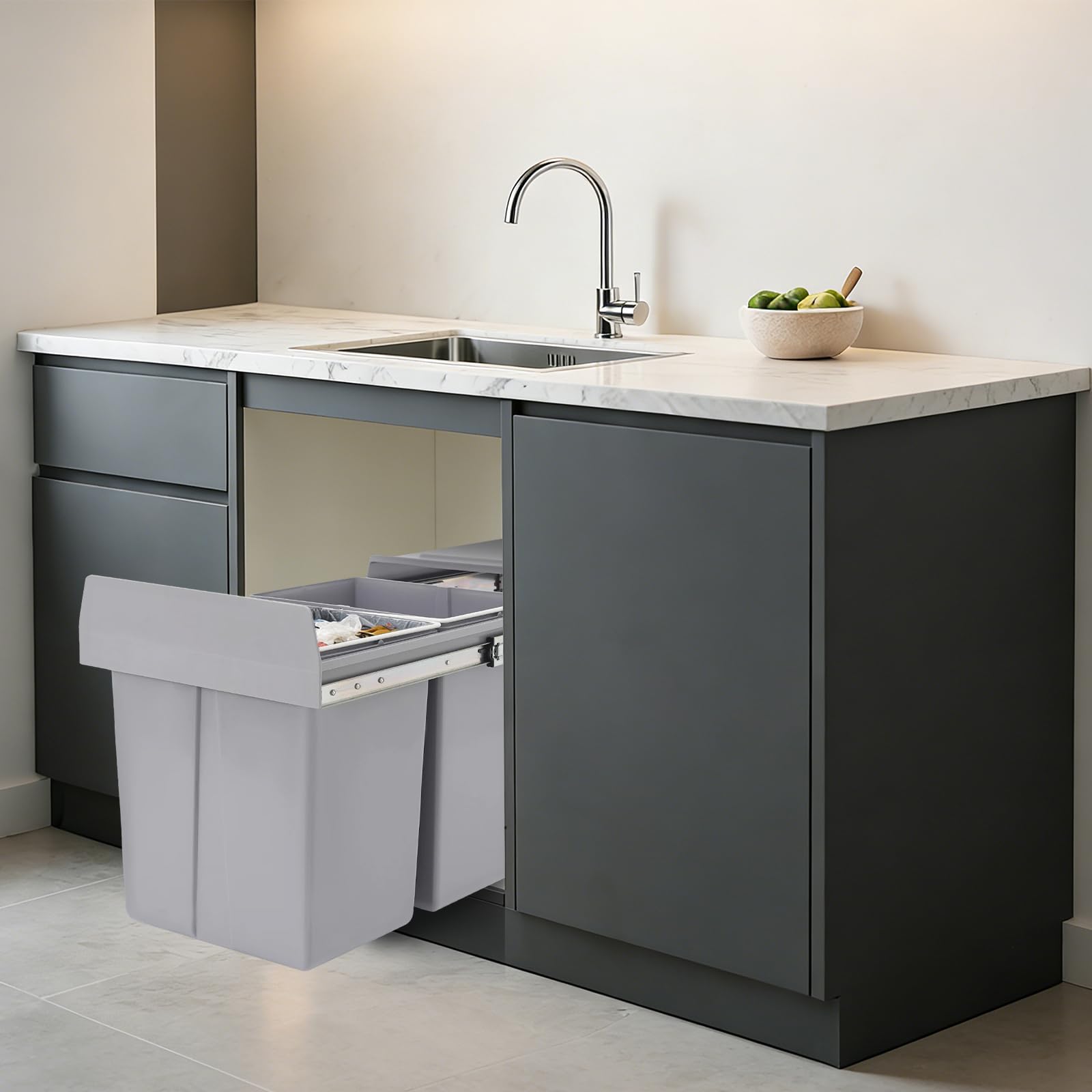 Pull Out - Papelera de cocina, con cajón deslizante, doble compartimento de 20 L, clasificación de residuos, higiene óptima, instalación fácil, almacenamiento armario de cocina, diseño compacto