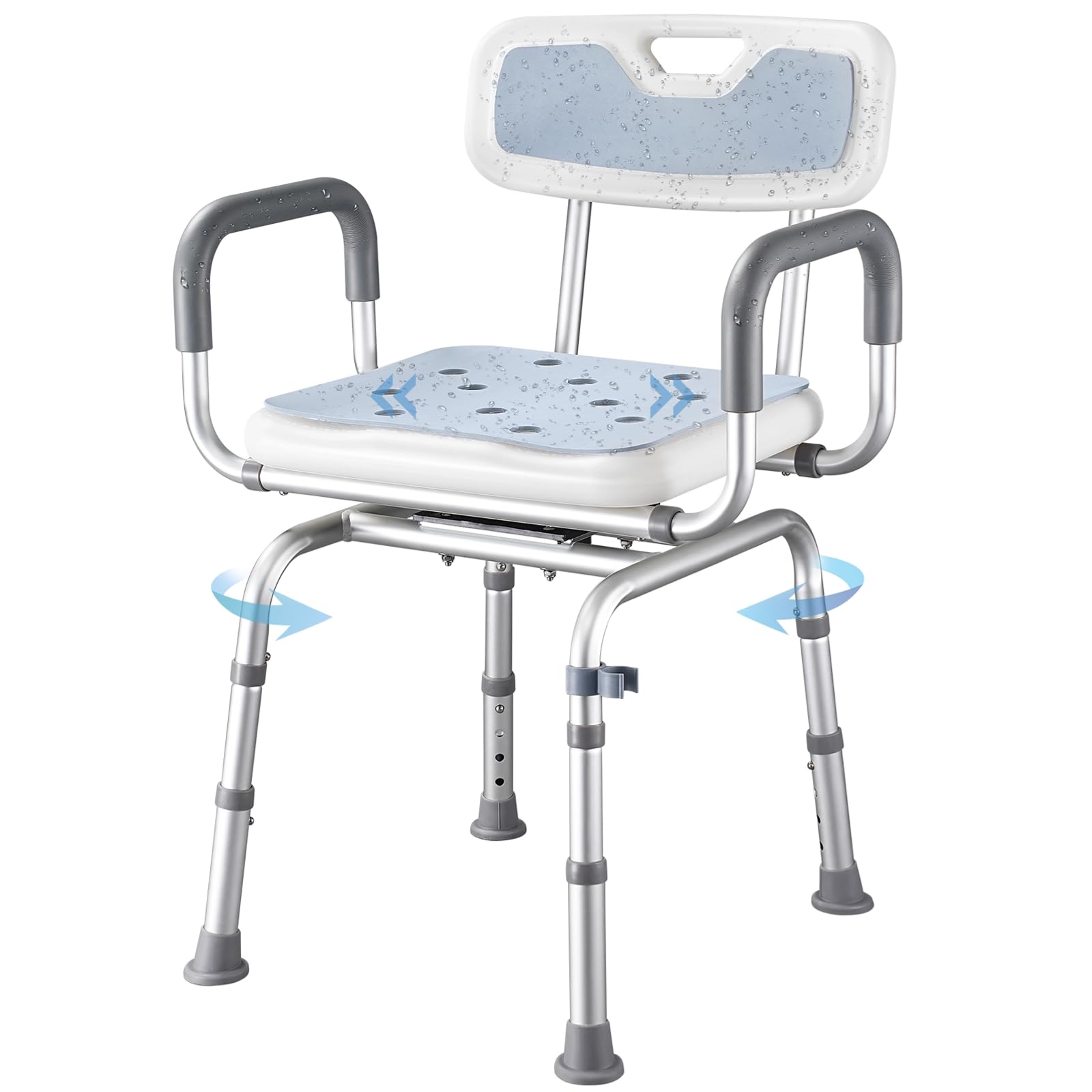 Silla de ducha giratoria con brazos y respaldo, silla de ducha giratoria Hybodies con altura ajustable, taburete de transferencia de bañera antideslizante, taburete ajustable seguro para