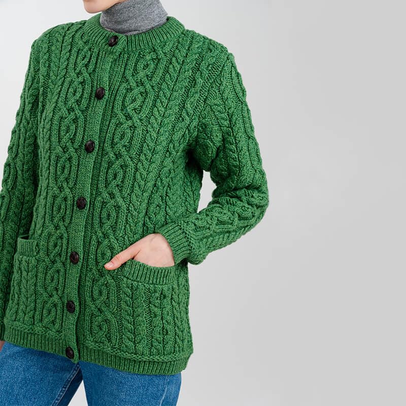 Image of SAOL 100% Merino Wool Ladies Irish Buttons Knit Cardigan Lumber Jacket with Pockets