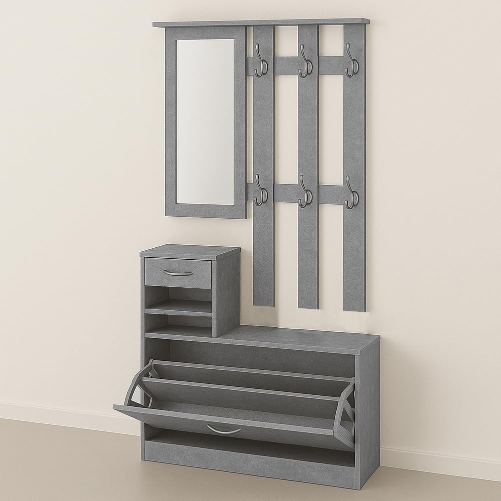 BAKAJI Set Mobili Ingresso Design Moderno con Scarpiera Panca Cassetto Specchio Rettangolare e Appendiabiti Attaccapanni 6 Ganci da Parete Casa Design Moderno in Legno (Grigio)