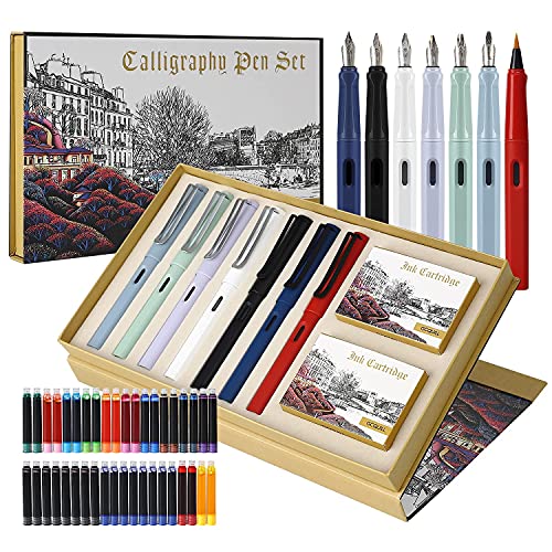 GC QUILL 7 Penne Stilografiche per Calligrafia con Diversi Pennini e 40 Cartucce d'inchiostro, Set per Calligrafia per Principianti – MU-09