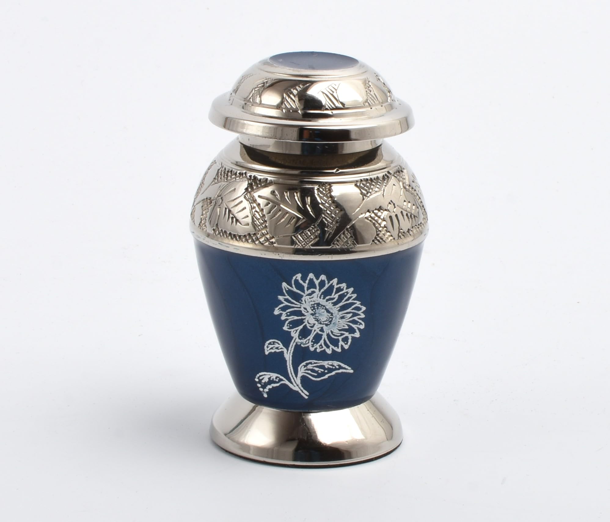 Small Keepsake Urn for Human & Pet Ashes – 3" Memorial Container With Velvet Presentation Gift Box - Capacity 7 Teaspoons - Handcrafted in Metal (Blue Sunflower) — image 1