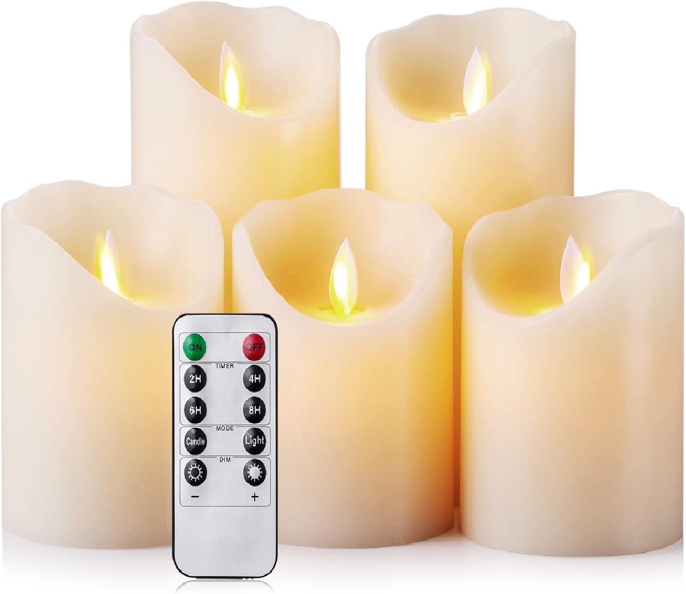 Flameless Candles LED Candles Realistic Moving Set of 5 Ivory Battery Candles Real Wax Pillar with 10-Key Remote Control Timer- 2/4/6/8 Hours