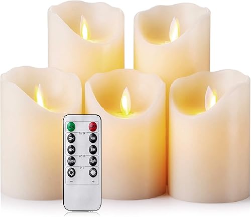 Velas LED sin llama velas realísticas set móvil de 5 velas con batería color marfil pilar de cera real con control remoto temporizador de 10 teclas