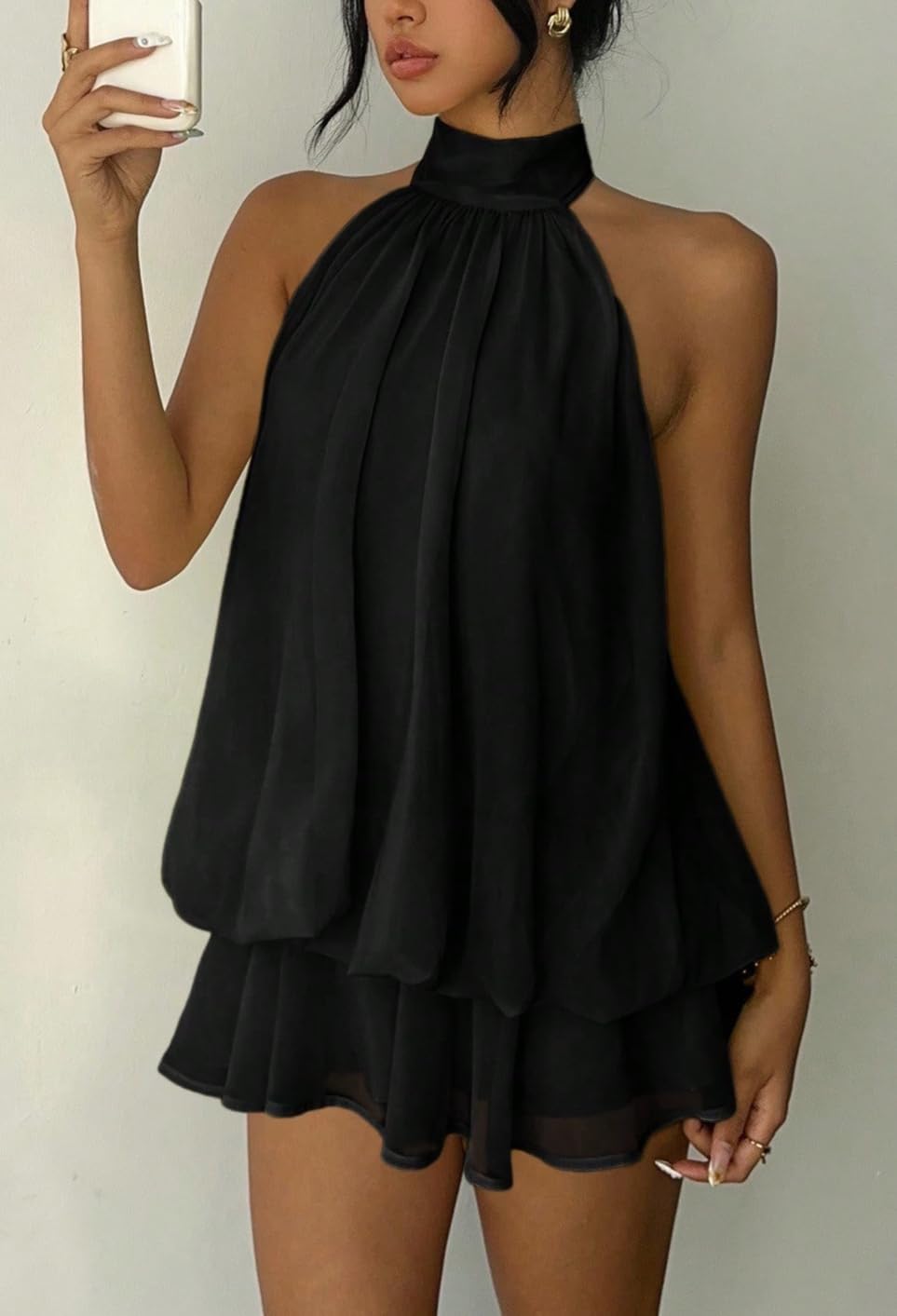 Women's Summer Halter Mini Dress Chiffon Ruffle Flowy Backless Wedding Guest Dresses Y2k Going Out Cocktail Outfits