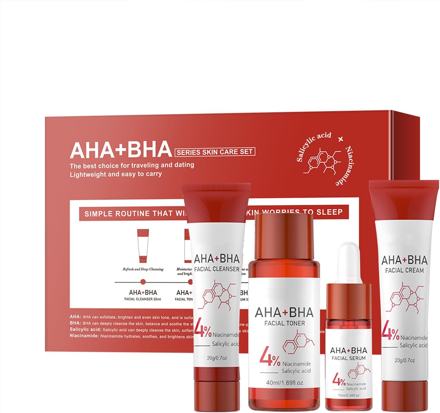 Makbeaty AHA BHA Salicylic Acid Niacinamide 4-in-1 Skincare Gift Set with Facial Cleanser,Facial Toner,Facial Serum,Facial Cream Rich in Salicylic Acid Niacinamide Oil Balancing & Sensitive Skin Care