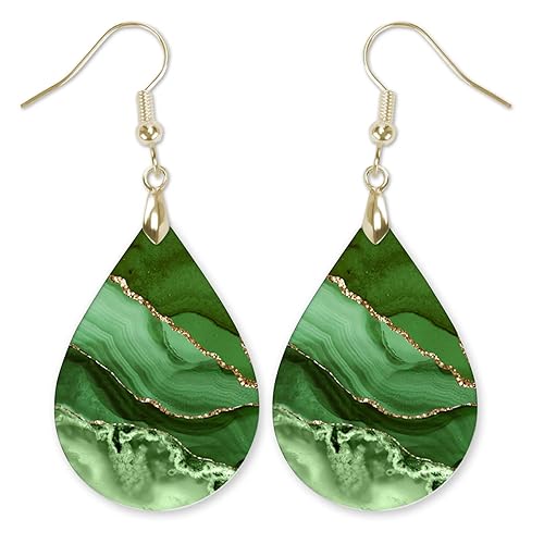 Green Earrings for Women with Gold Strands Teardrop Dangle Spring Dangling Wood Statement Jewelry MDF Kelly Lime Handmade by The Painted Pug (Large)