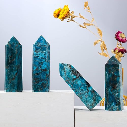 Miniatura 6 de Runyangshi Varita de cristal curativo natural de apatita azul grande de 4.72 a 5 pulgadas, torre de cristales con 6 facetas de un solo punto,