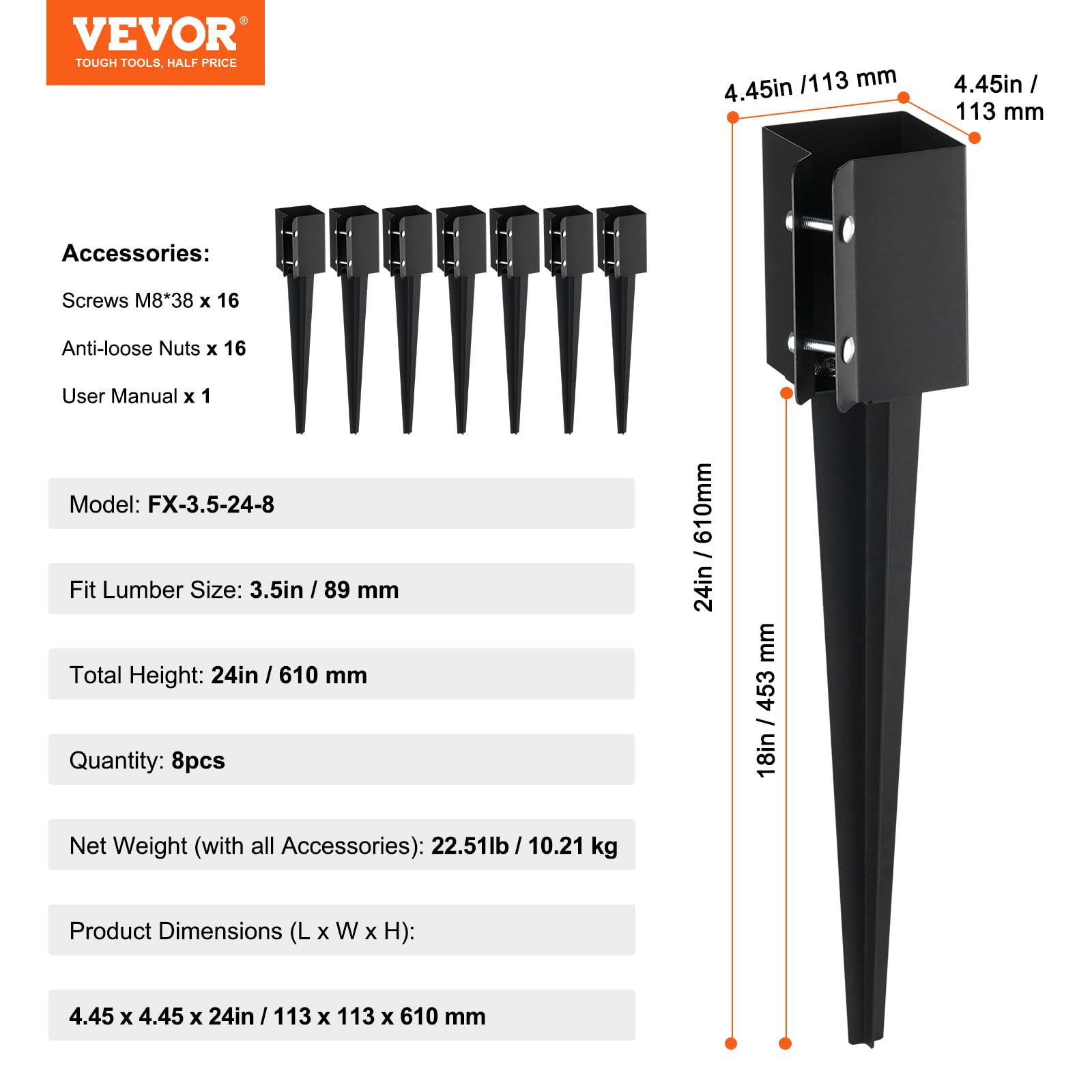 VEVOR Kołek do wbijania w ziemię do słupków ogrodzeniowych, zestaw 8 sztuk, 61 x 10 x 10 cm średnica zewnętrzna (średnica wewnętrzna 8,9 x 8,9 cm), metal, malowany proszkowo na czarno, szpikulec do