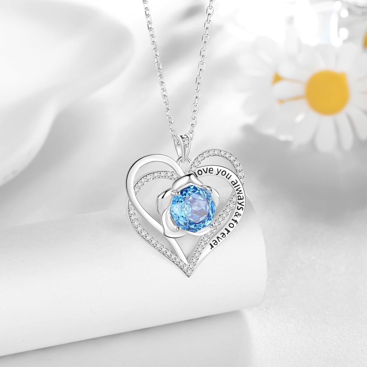 Aurora Tears Birthstone Love Heart Pendant Necklace - 925 Sterling Silver Rose Cut Cubic Zirconia I Love You Necklace Anniversary Birthday Jewelry Gift for Women Wife Mom Daughter - Image 2