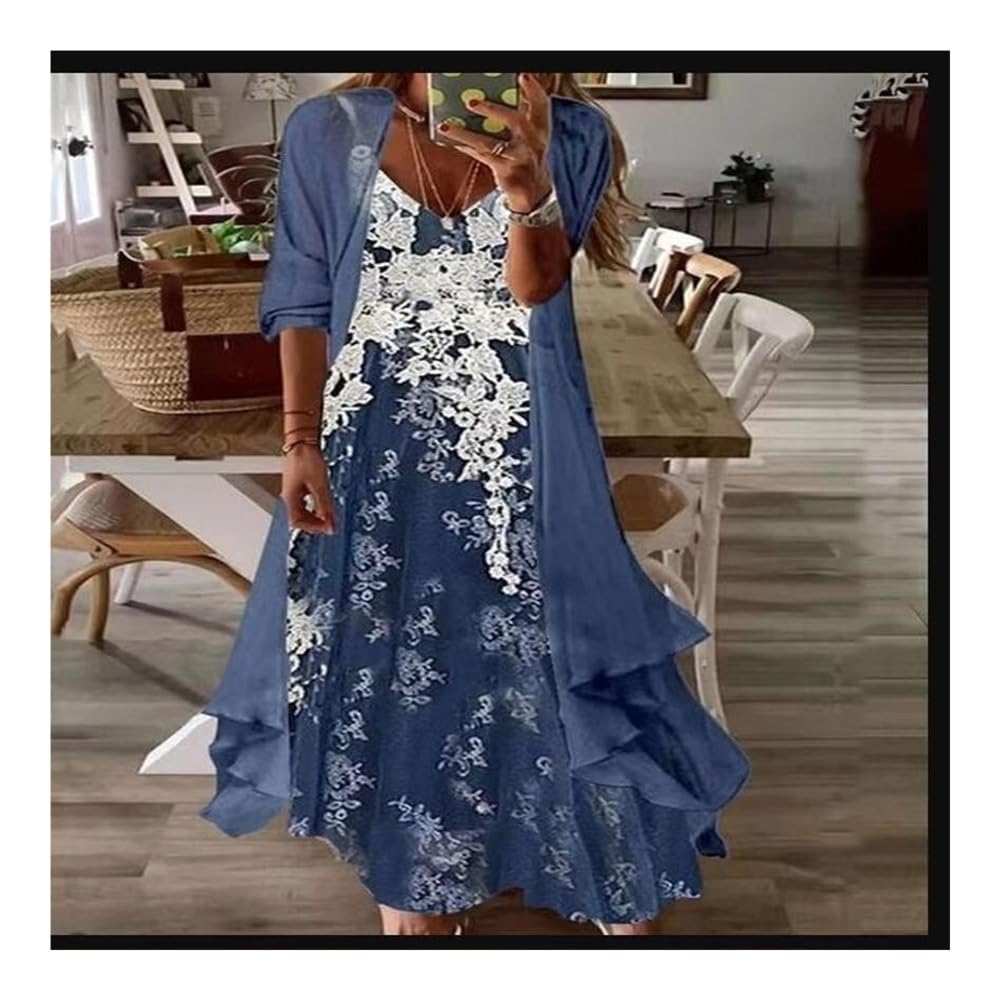 Vestido Mujer Dos Piezas Boho Floral Vestido Largo De Gasa con Cárdigan Talla Grande Elegante para Invitadas De Boda Y Uso Casual Q