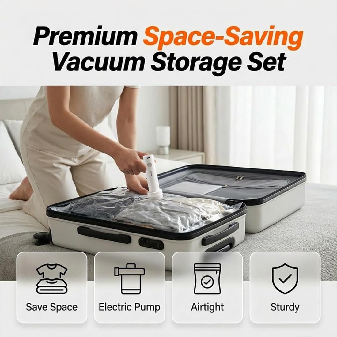 10er Set Vakuumbeutel mit kabelloser elektrischer Pumpe, wiederverwendbare Aufbewahrungsbeutel für Reise & Haus, platzsparende Vakuumtaschen für Kleidung & Bettzeug (S,M,L) (10PC+Wireless Pump)
