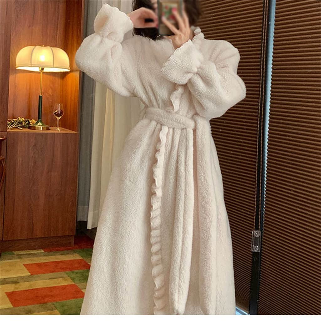 Autumn And Winter Facecloth Pajamas Female Long Section Coral Velvet Retro Pajamas Home Wear(White,L code)