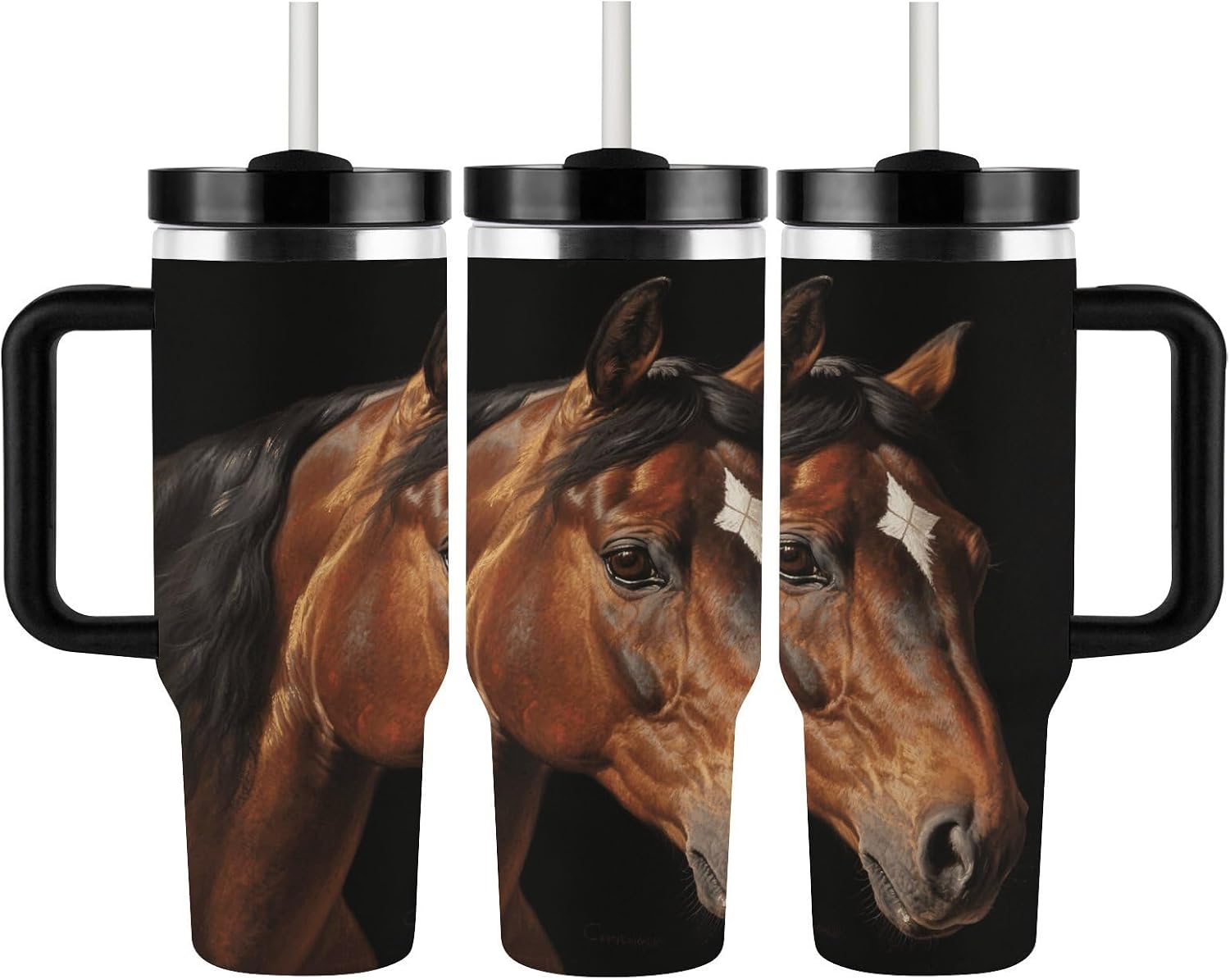 Brown Horse Water Bottle with Straw Lid Stainless Steel Tumbler with Handle Leak Proof Coffee Mug Double Wall Vacuum Insulated Bottle Fit in Any Car Cup Holder 40 Oz