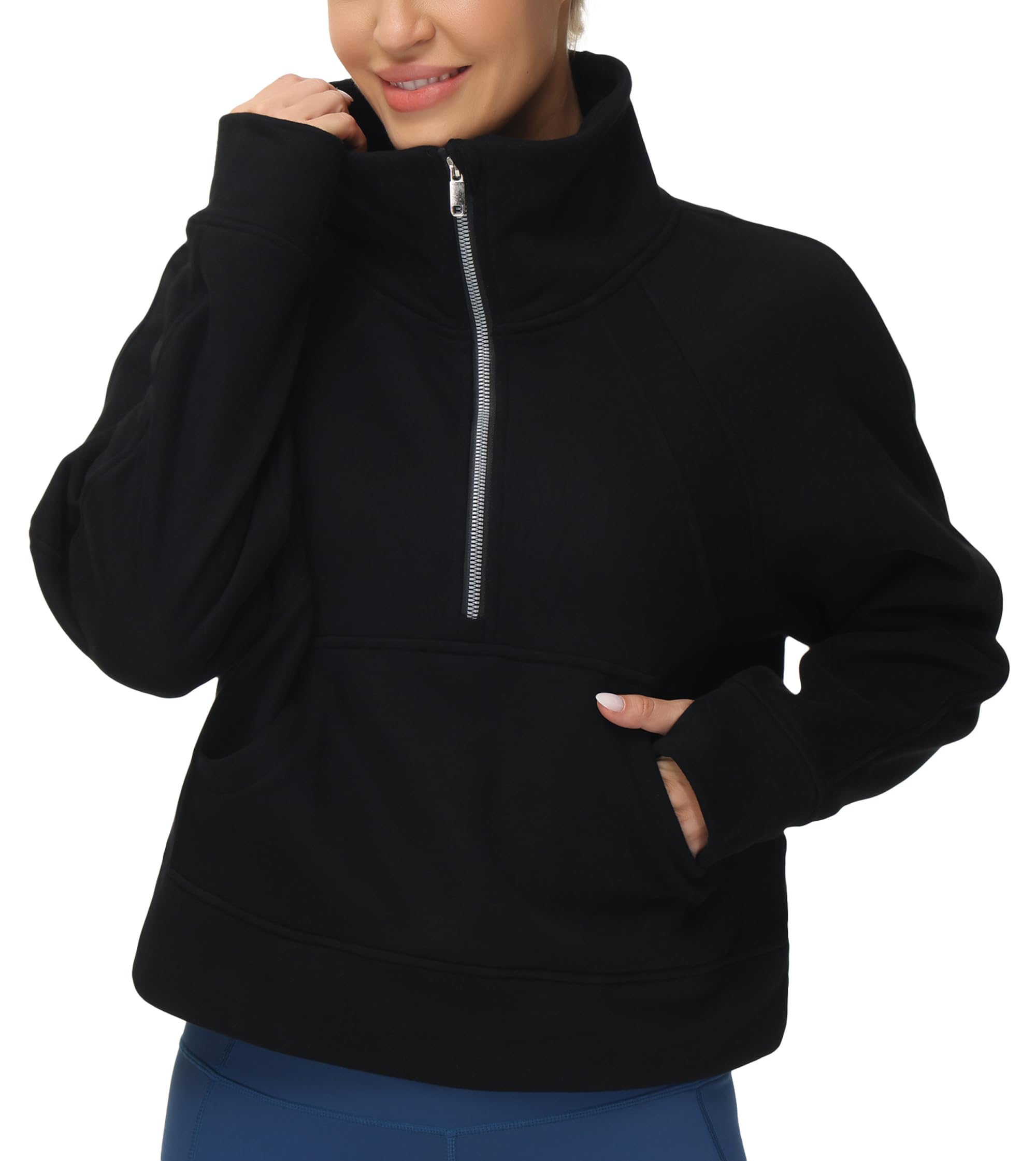 THE GYM PEOPLE Womens' Half Zip Pullover Fleece Stand Collar Crop Sweatshirt with Pockets Thumb Hole