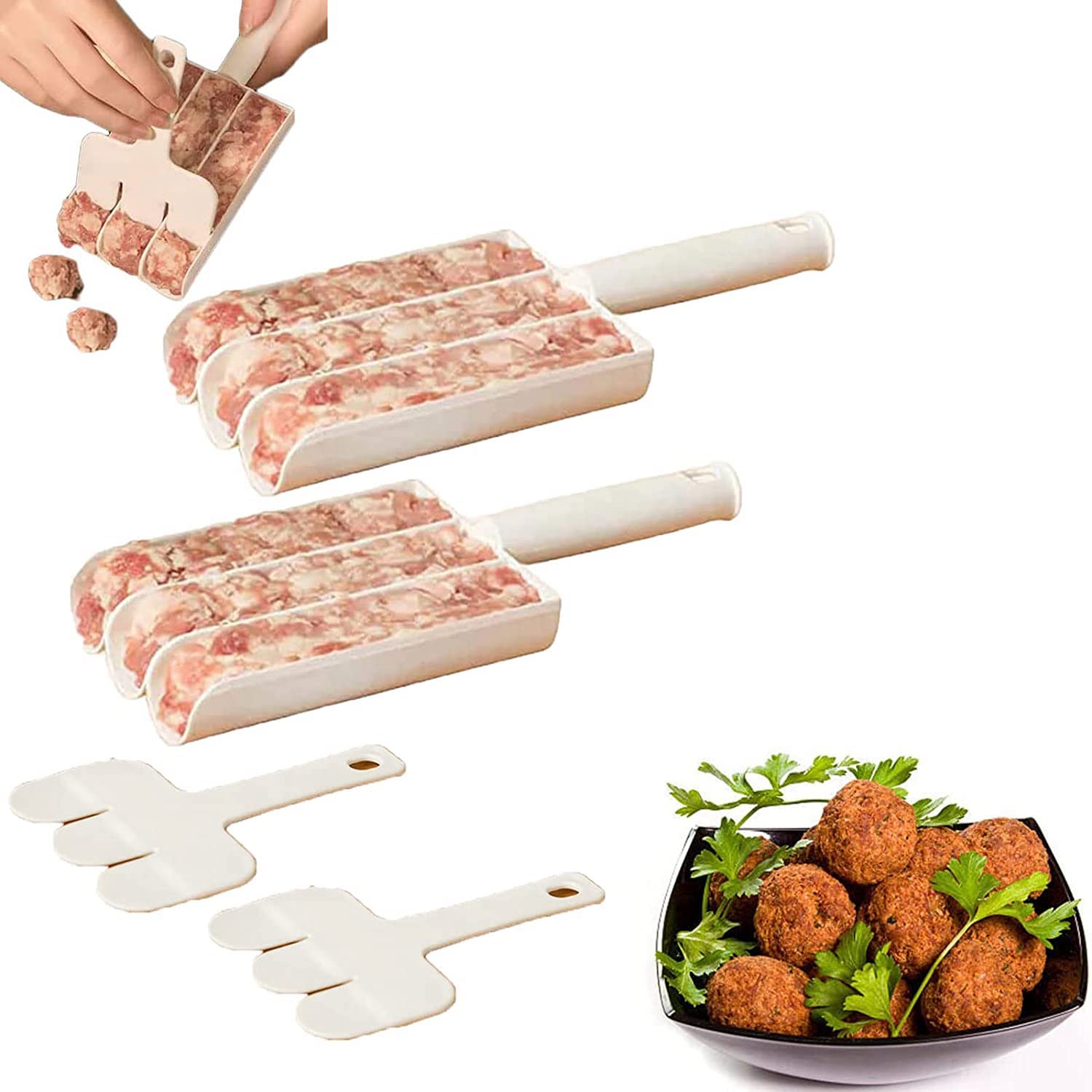 Triple Meatball Maker, 2pcs Creative Kitchen Multifunction Meatball Rice Balls Mold Plastic Ice Cream Scoop DIY Making Meat Baller Spoon with Cutting Spade DIY Fish Meat Rice Ball Maker