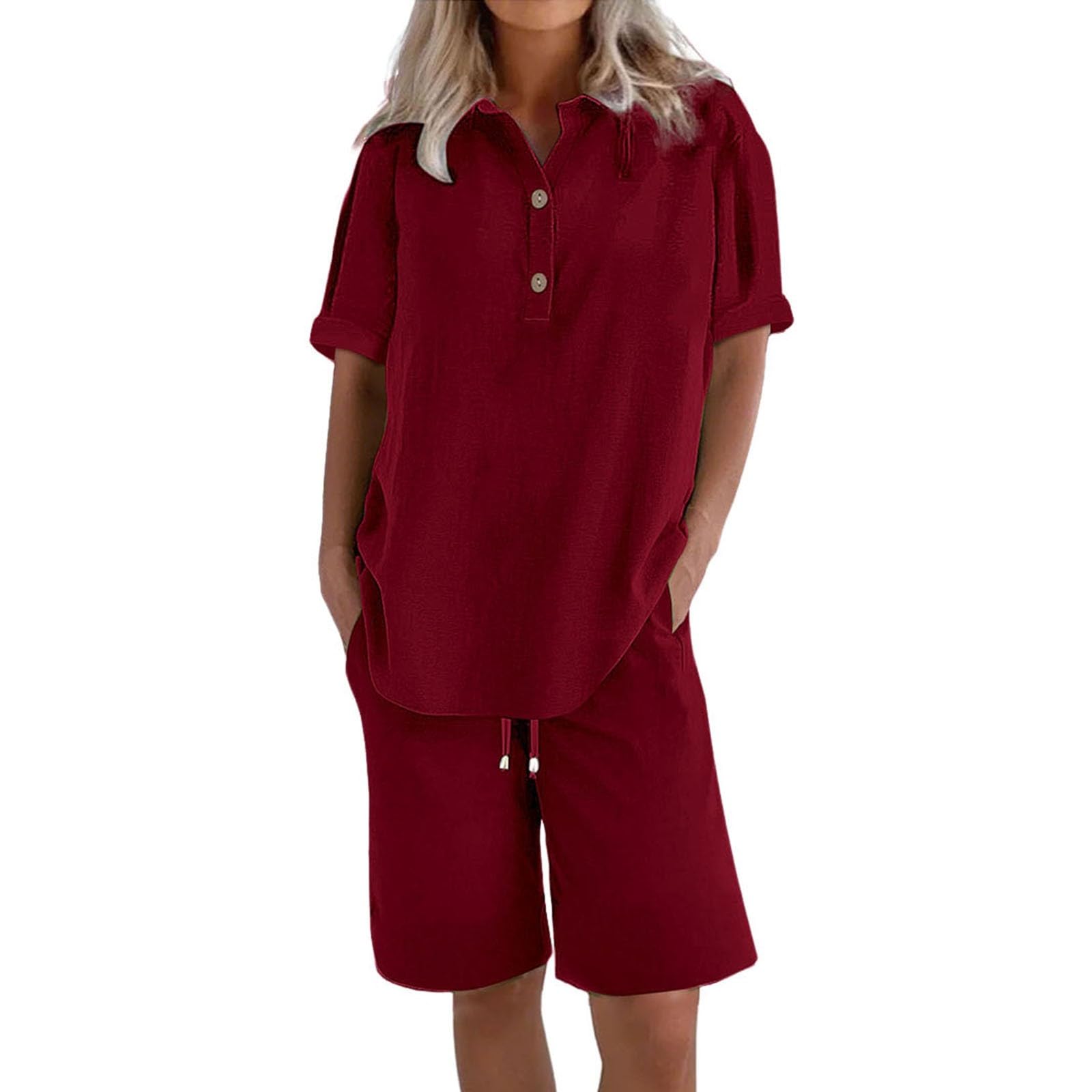 AMDOLE Abiti a due pezzi per le donne 2025 Summer Co Ord Set di abbigliamento da salotto per le donne UK Pantaloncini da donna Co Ord Set estivo in cotone e lino tuta da donna Activewear con tasche